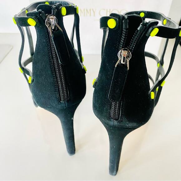 NEW JIMMY CHOO Black Neon Yellow Studded Tina Caged Heel Stiletto Sandals 40 10 - Picture 3 of 16